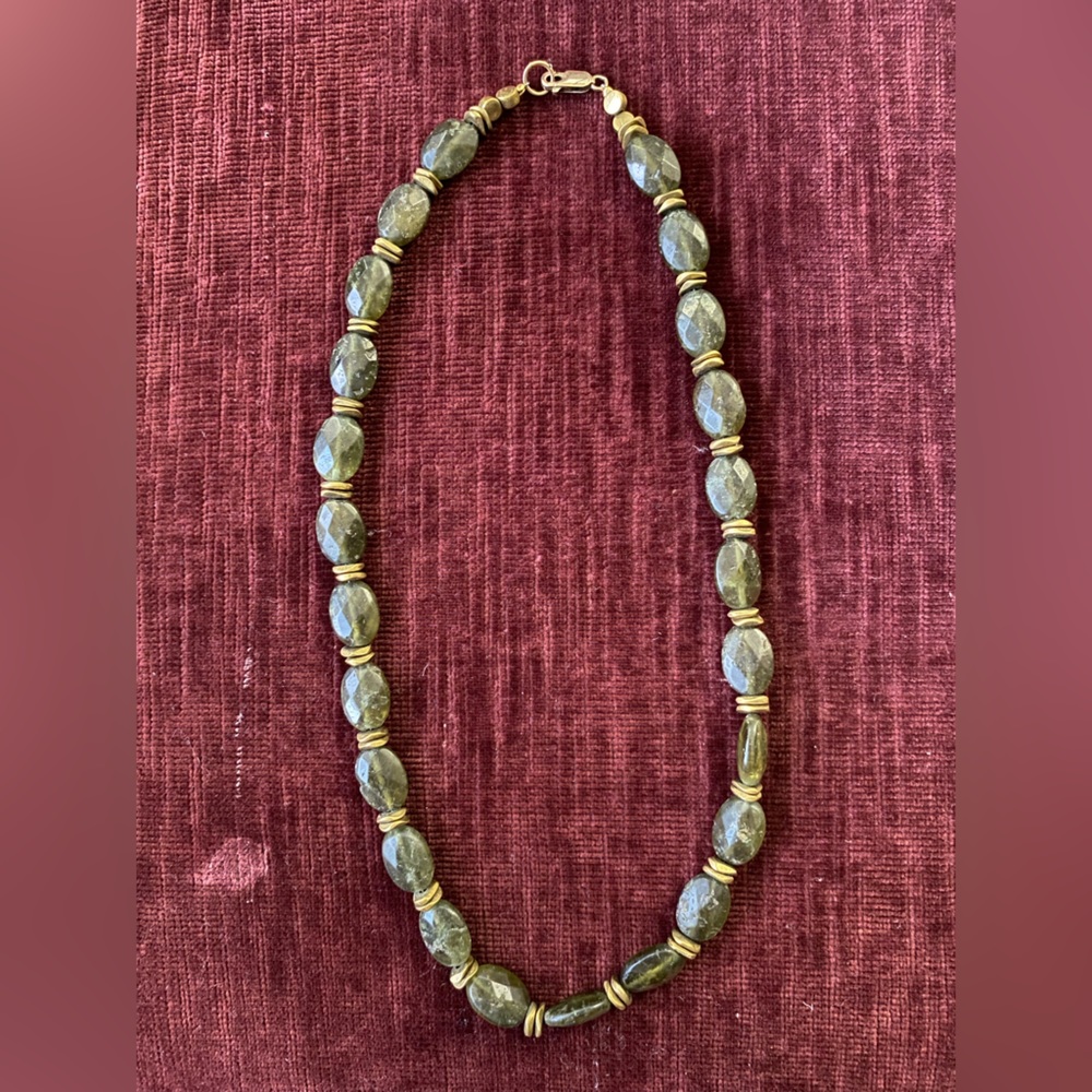 GREEN SERPENTINE OVALS AND BRASS BEADS NECKLACE WITH 14k GOLD-FILL CLASP